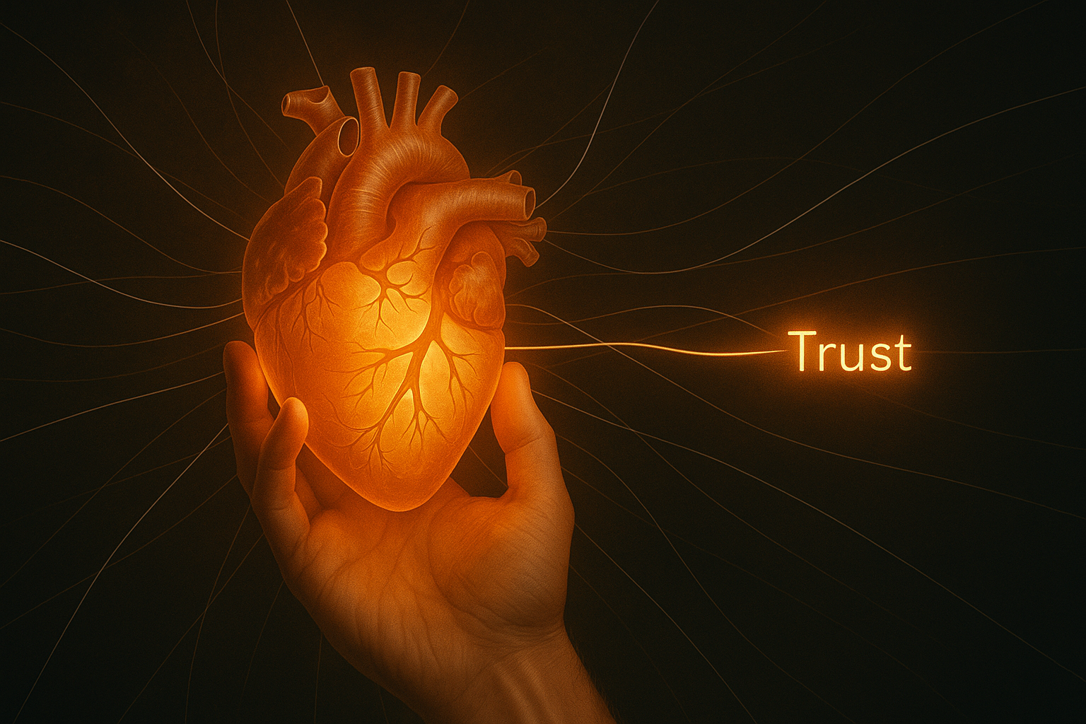 Hand holding a glowing heart labeled Trust